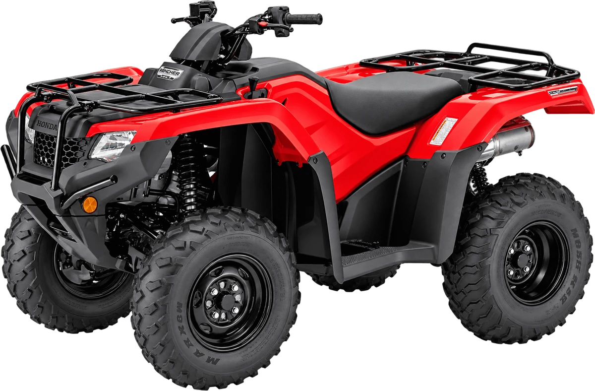 Red Honda Rancher ATV with front and rear cargo racks, available to rent in Santa Teresa, Costa Rica