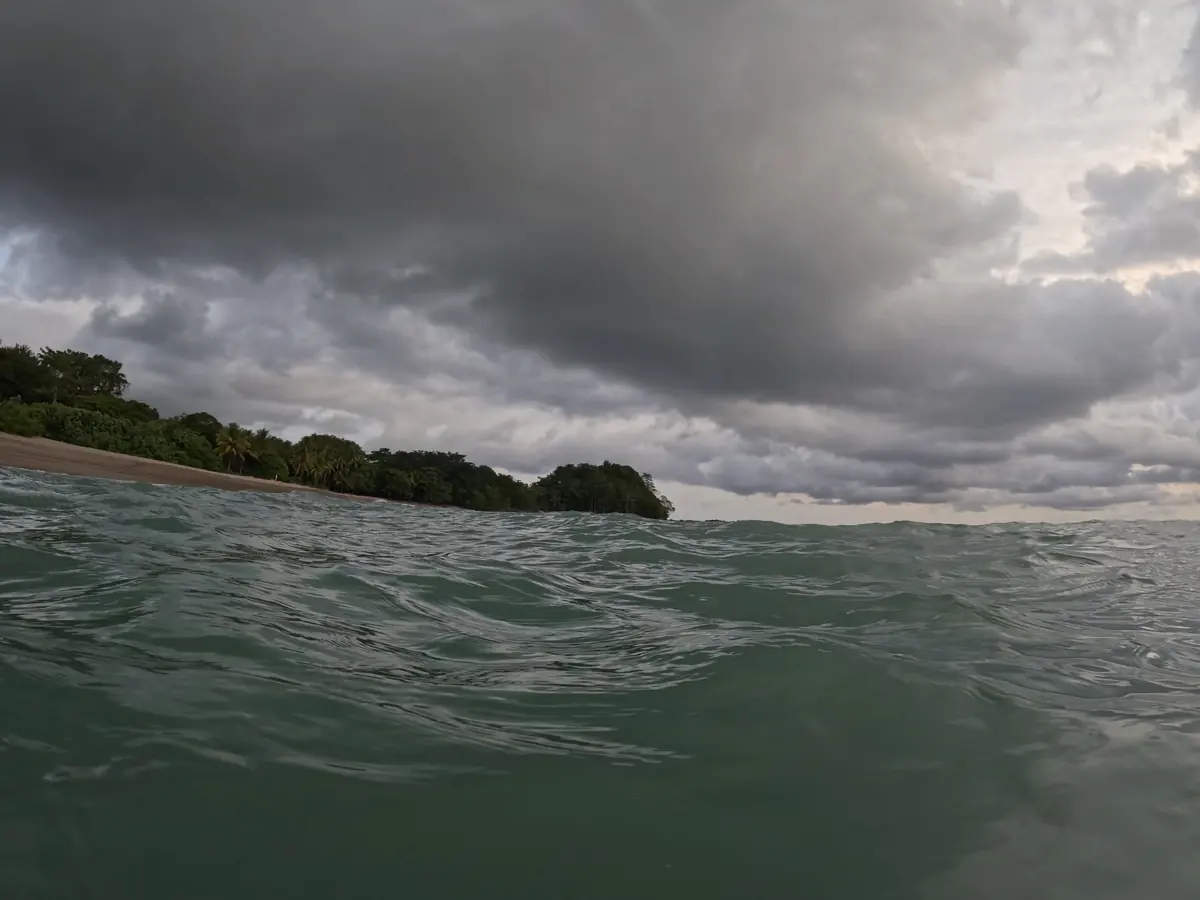 The coastline and a jungle headland seen from the water under green-season clouds