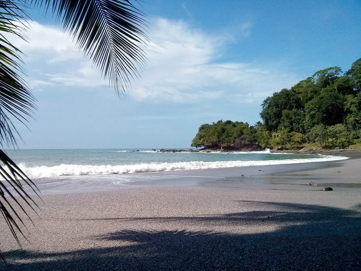 Montezuma beach with grey sand, small waves and a jungle-covered headland under a blue sky
