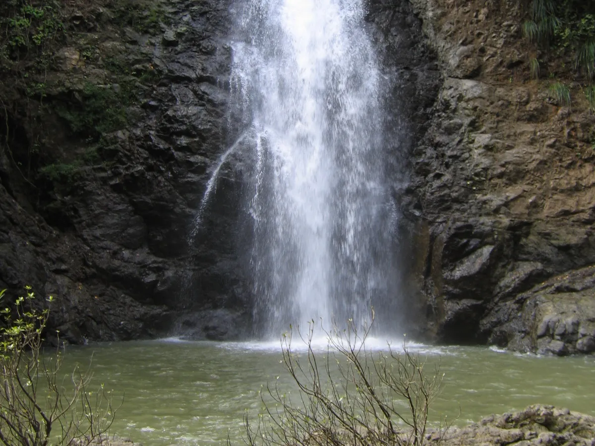 The main Montezuma waterfall falling into a wide green pool between dark rock walls